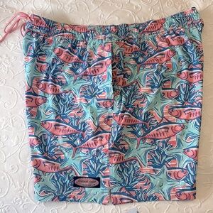 Vineyard Vines Chappy Preppy Pink & Blue Fish Starfish Swim Trunks Mens 2XB